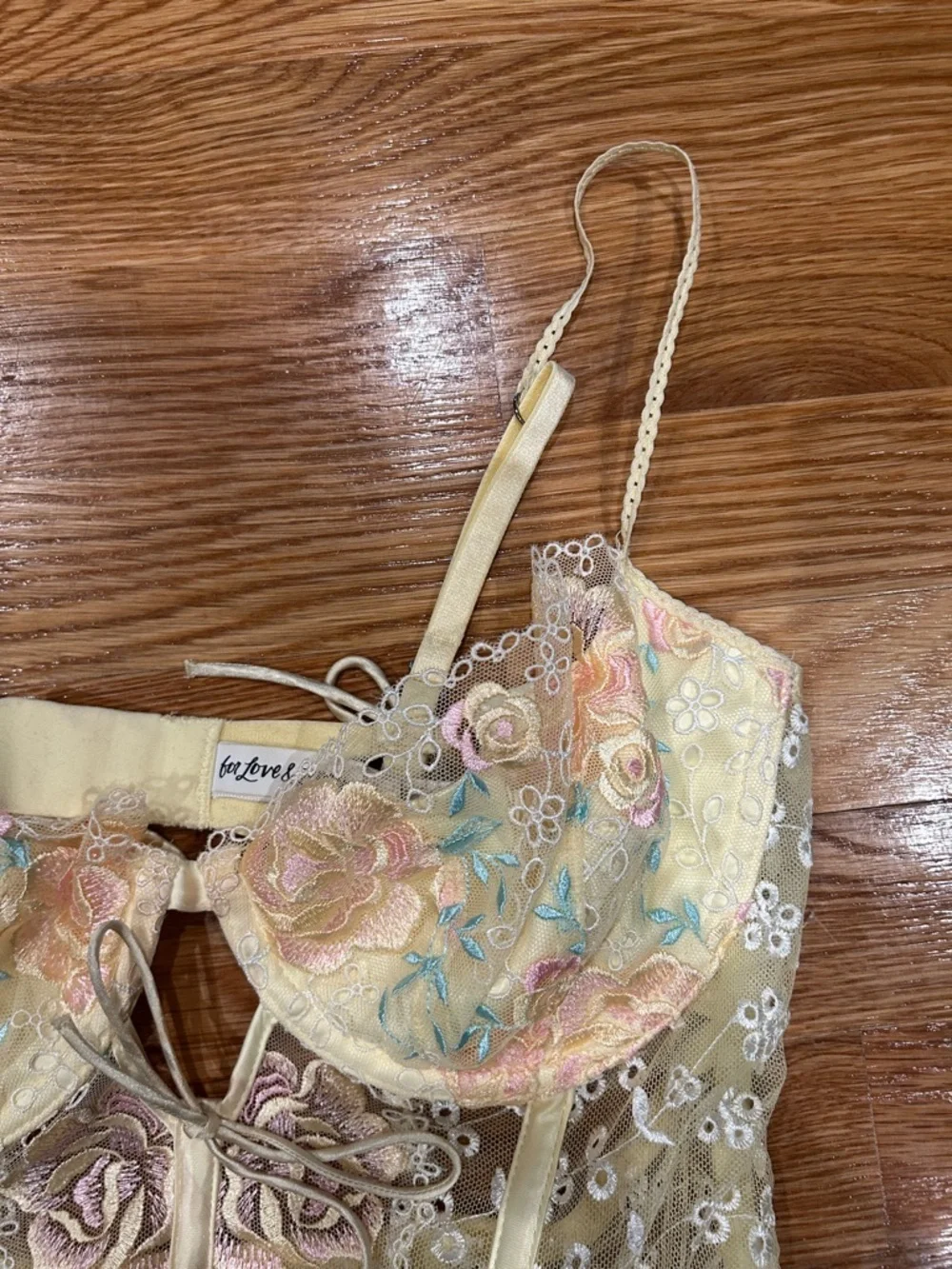 For Love And Lemons pastel Yellow Floral Embroidered Lace Bustier women’s medium